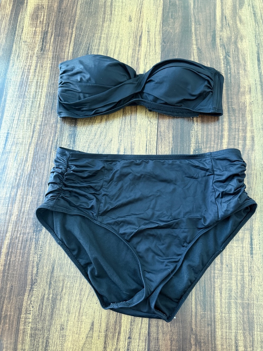 Kona Sol and Massimo Black Strapless Bandeau Bikini High-Waist Ruched Bottoms